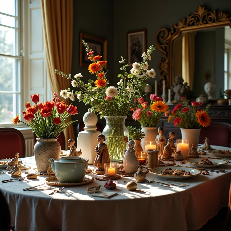 Mesa de jantar excessivamente decorada, com muitos elementos que competem entre si.