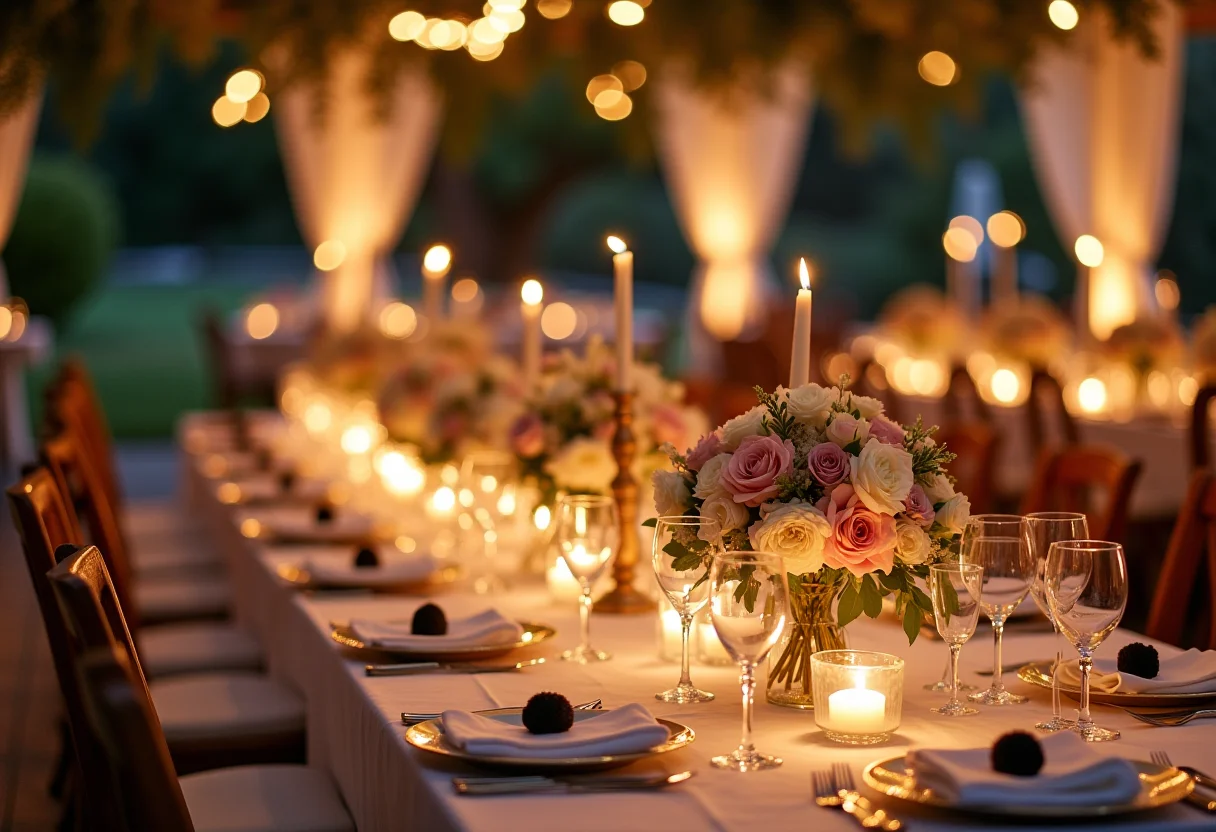 Mesa de recepção de casamento elegantemente decorada para bodas