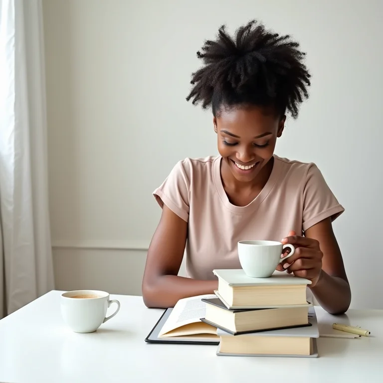 Mesa organizada com livros e café