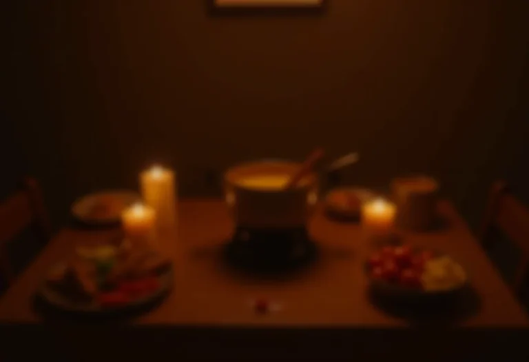 Mesa posta para noite de fondue com luz de velas e queijos derretidos.