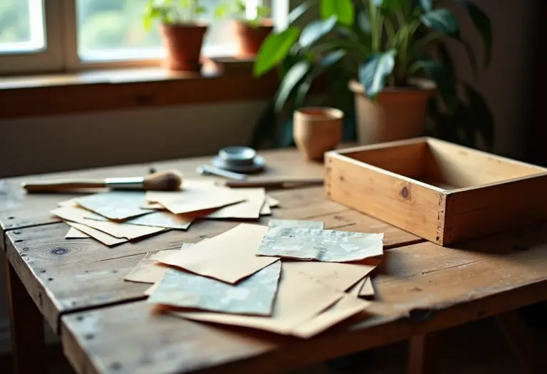 Mesa rústica com materiais de decoupage, incluindo papéis vintage, pincéis e caixa em andamento.