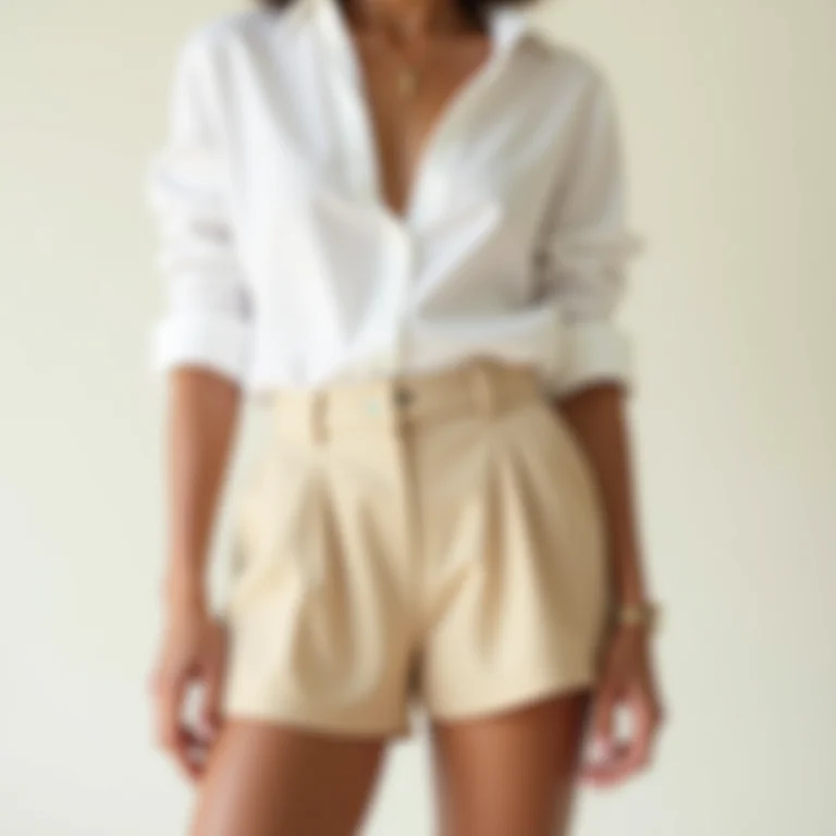 Micro shorts de alfaiataria bege com camisa branca