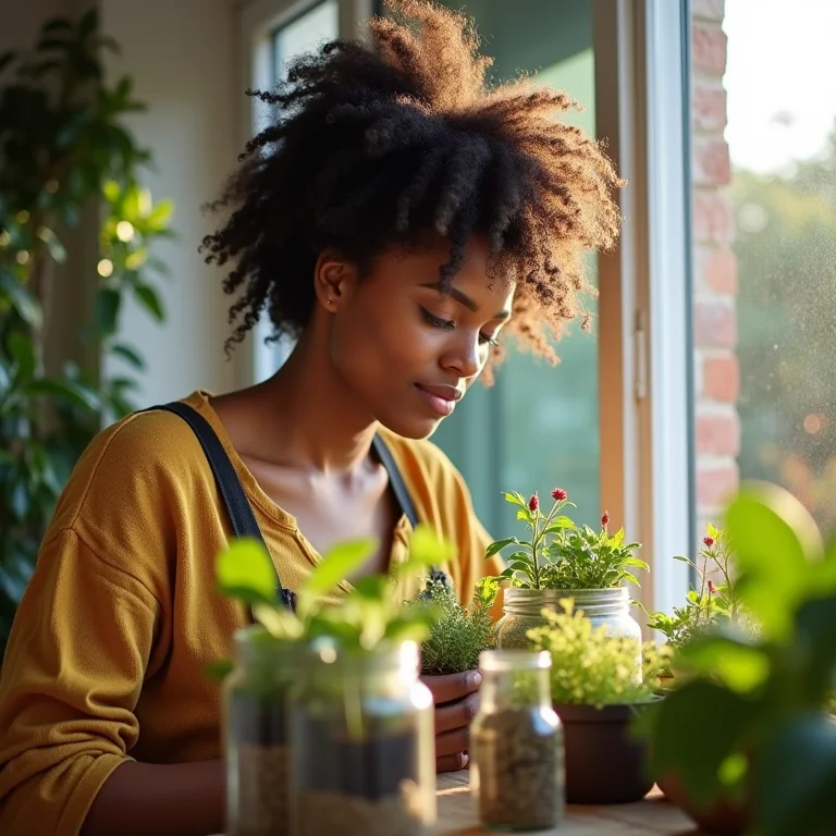 Mini horta em potes de vidro com mulher cuidando.
