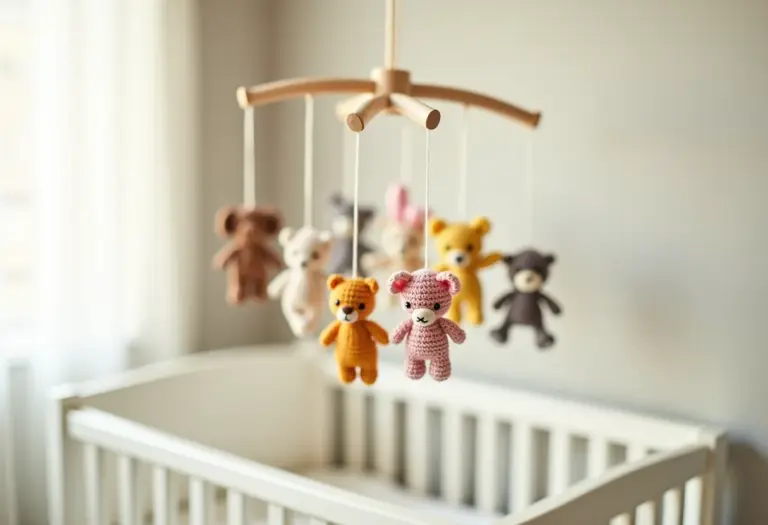 Móbile de berço com amigurumis fofos em estilo minimalista
