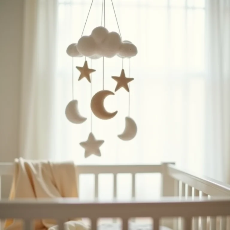 Móbile de feltro com estrelas, luas e nuvens sobre berço de bebê.