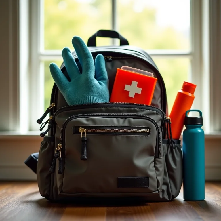 Mochila com itens essenciais para cuidado animal: luvas, kit de primeiros socorros, protetor solar e garrafa de água
