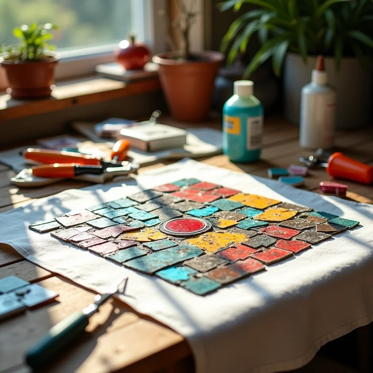 Mosaico com pastilhas coloridas e ferramentas