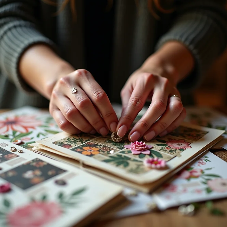 Mulher adicionando detalhes a uma página de scrapbooking.