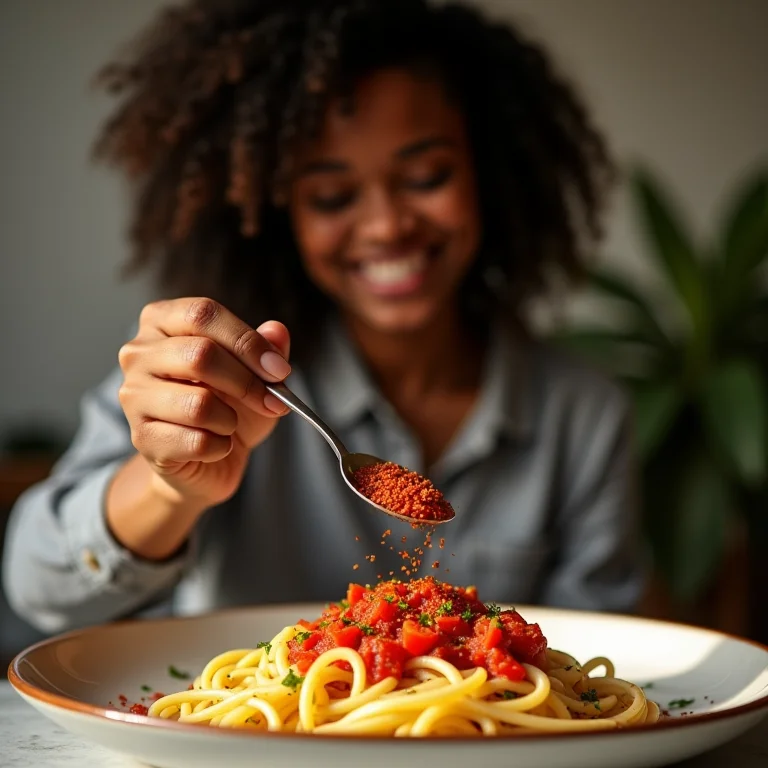Mulher adicionando pimenta calabresa a um prato de spaghetti al limone.