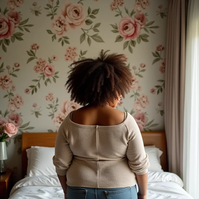 Mulher admirando papel de parede floral no quarto