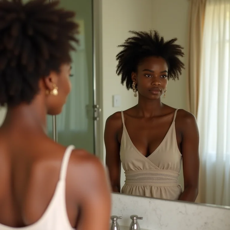 Mulher admirando-se em um espelho amplo no banheiro.