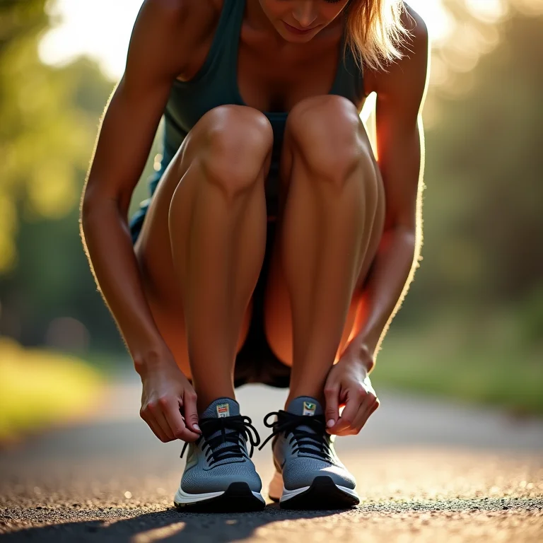 Mulher amarrando o tênis de corrida com foco e determinação