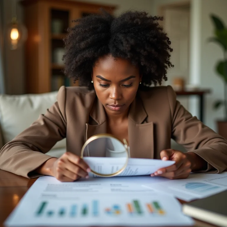 Mulher analisando documentos financeiros com lupa
