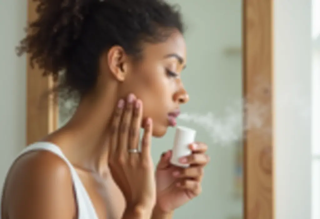 Mulher aplicando desodorante em um banheiro minimalista.