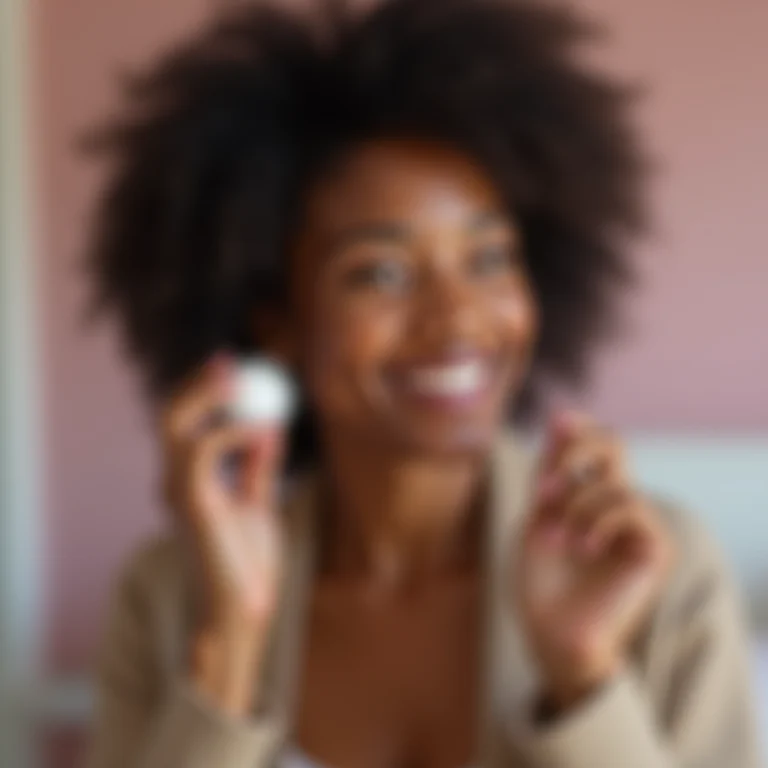 Mulher aplicando hidratante no quarto cinza e rosa