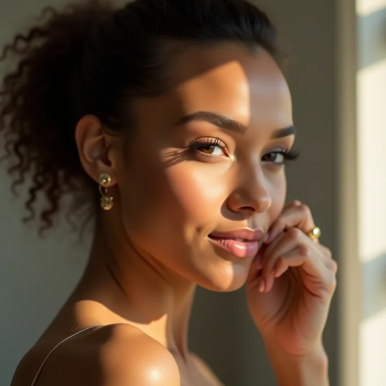 Mulher aplicando maquiagem simples e natural.