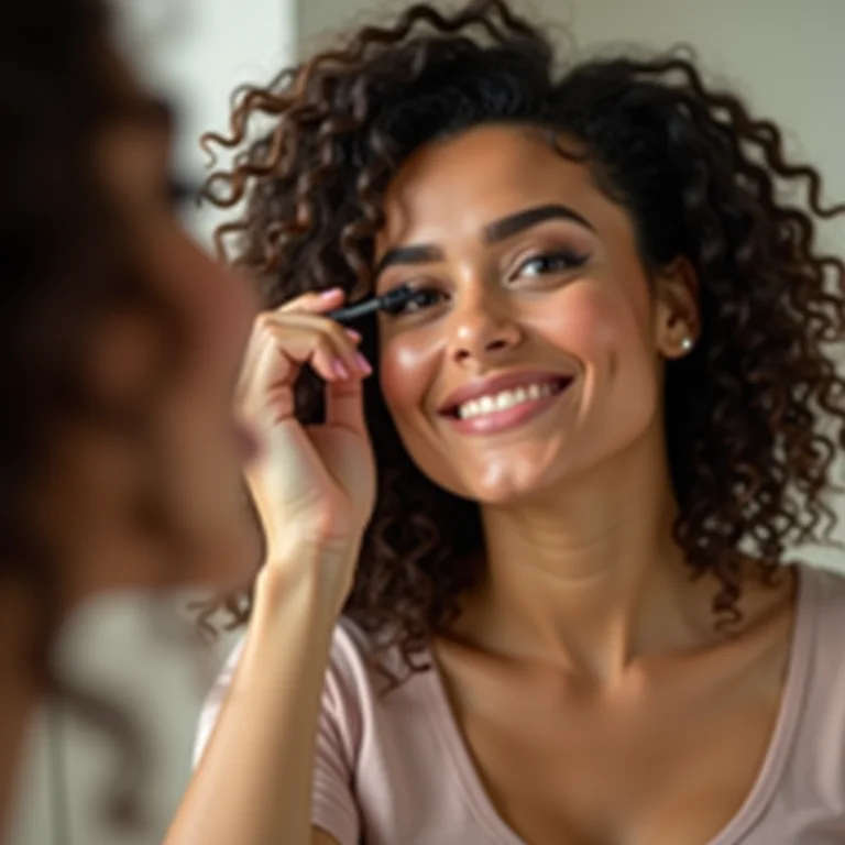 Mulher aplicando máscara de cílios para curvar os cílios