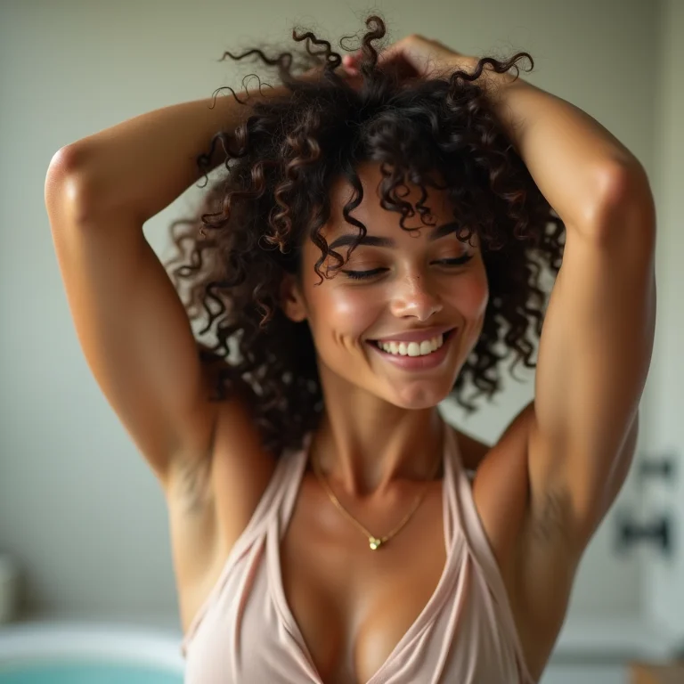 Mulher aplicando óleo capilar nos cabelos cacheados antes de entrar na piscina.