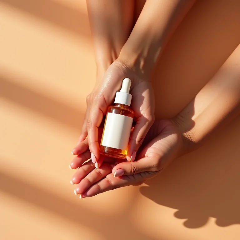 Mulher aplicando óleo de rosa mosqueta nas mãos