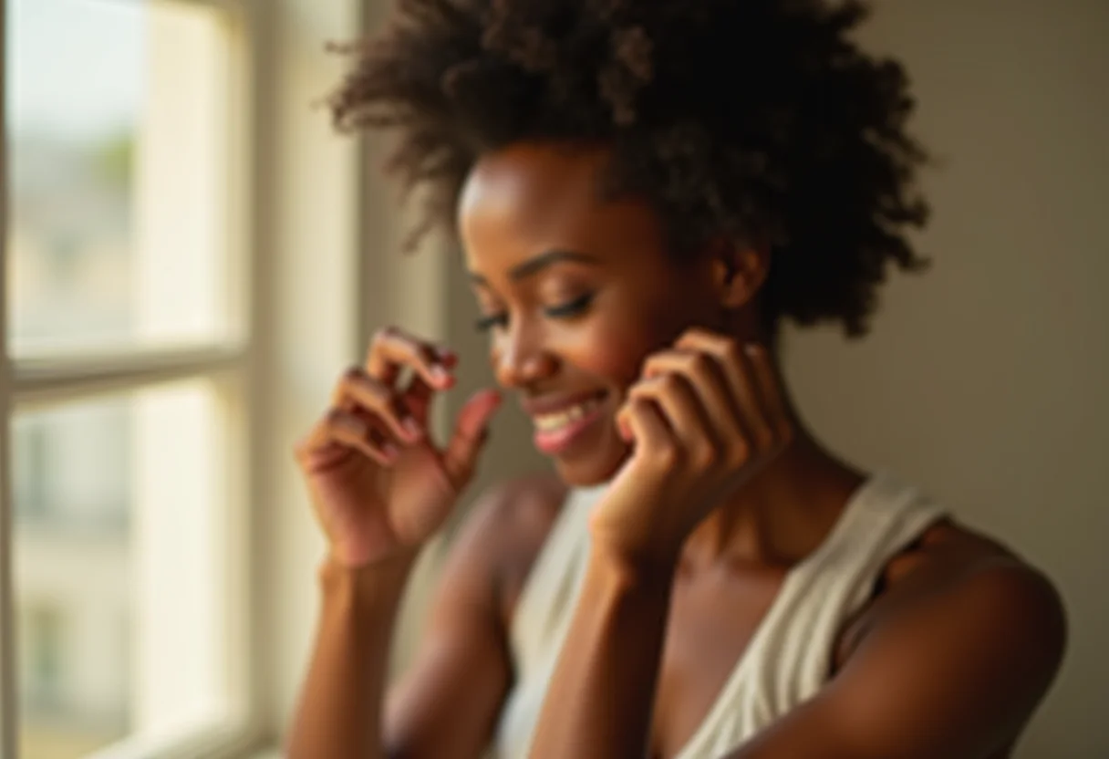Mulher aplicando óleo essencial, pele natural e radiante
