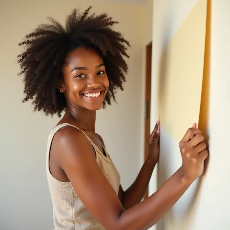 Mulher aplicando papel de parede adesivo sorrindo