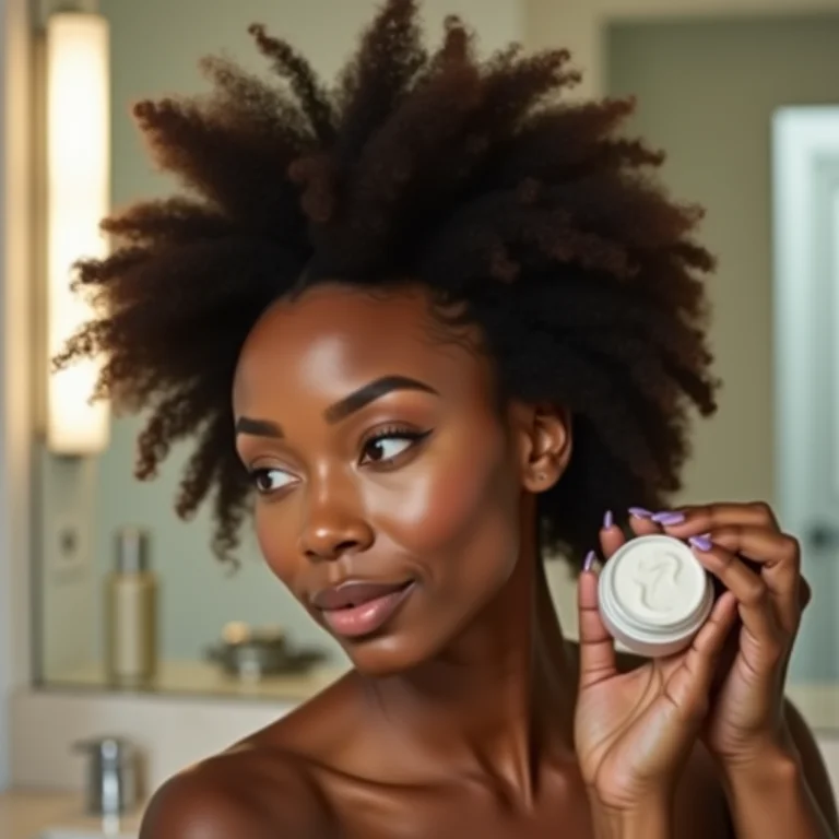 Mulher aplicando produto para cabelo em banheiro iluminado