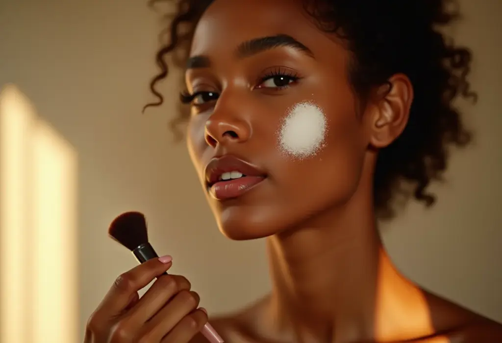 Mulher aplicando protetor solar em pó no rosto