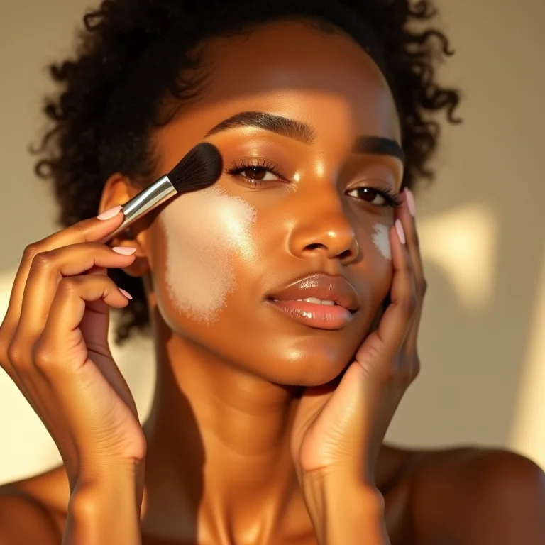 Mulher aplicando protetor solar em pó no rosto com pincel kabuki