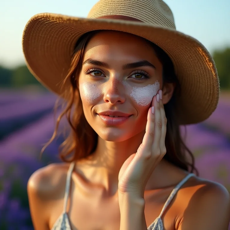 Mulher aplicando protetor solar em um campo de lavanda