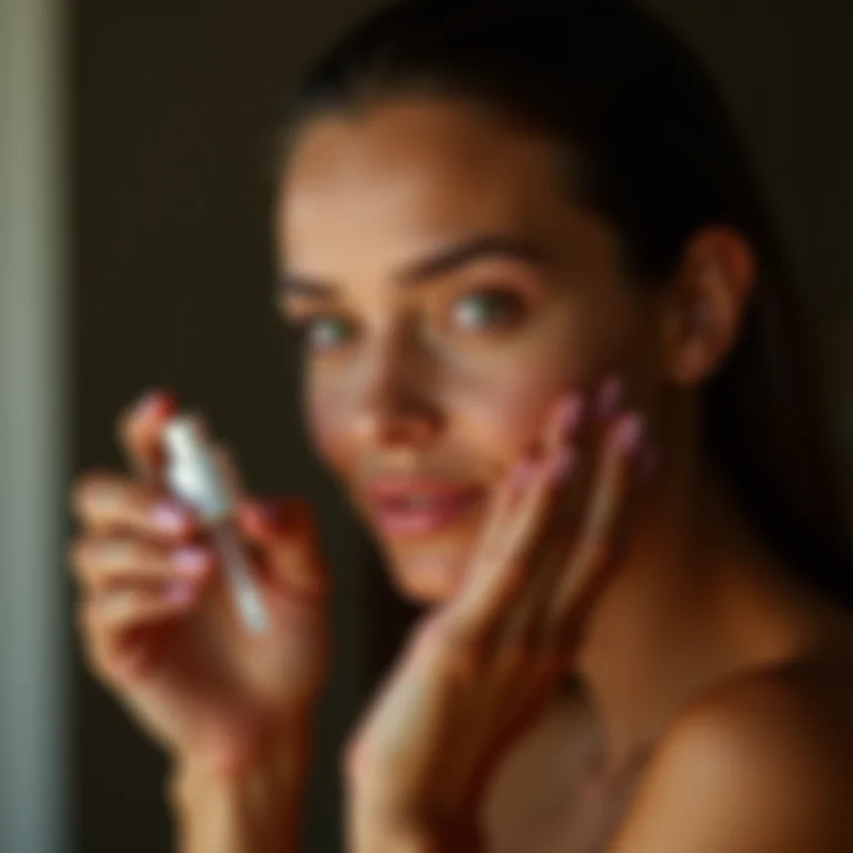 Mulher aplicando sérum de retinol à noite.