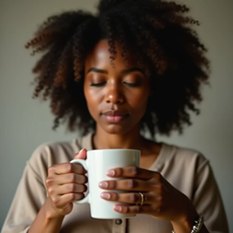 Mulher apreciando o aroma do café com mindfulness.