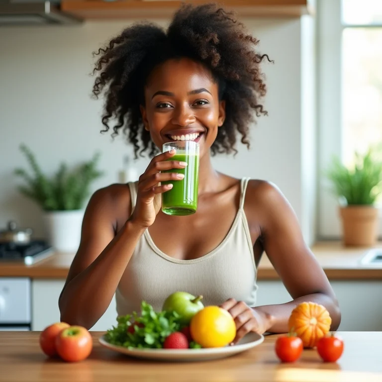 Mulher bebendo suco verde em uma cozinha iluminada, representando cuidados com a saúde.