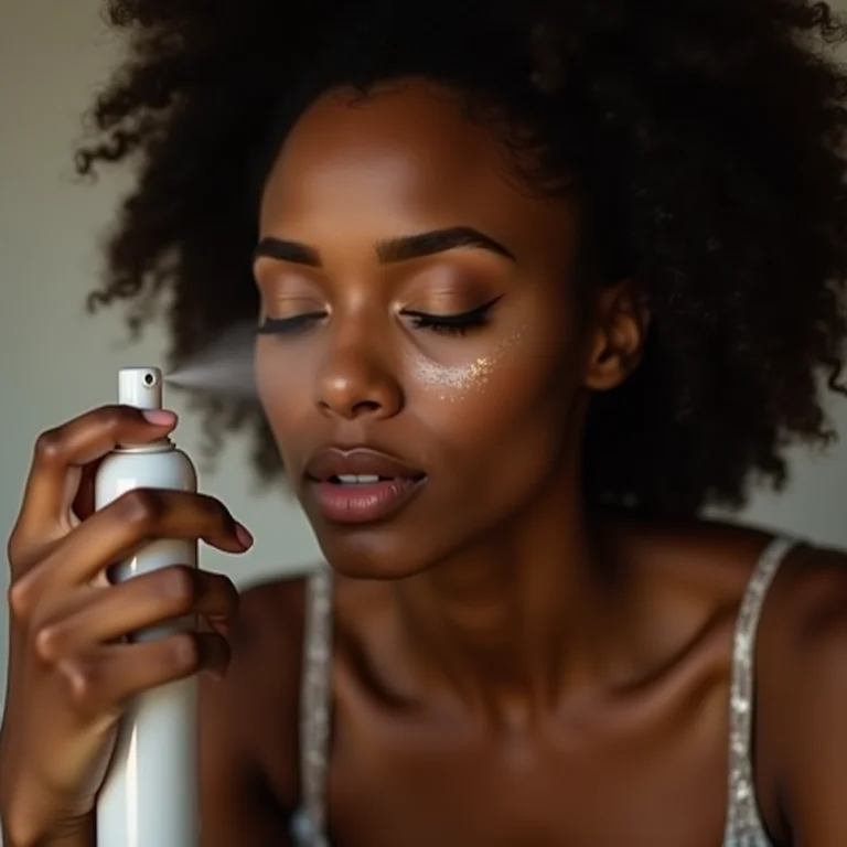 Mulher borrifando fixador de maquiagem