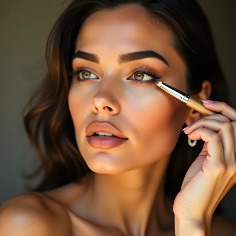 Mulher branca aplicando iluminador na maçã do rosto