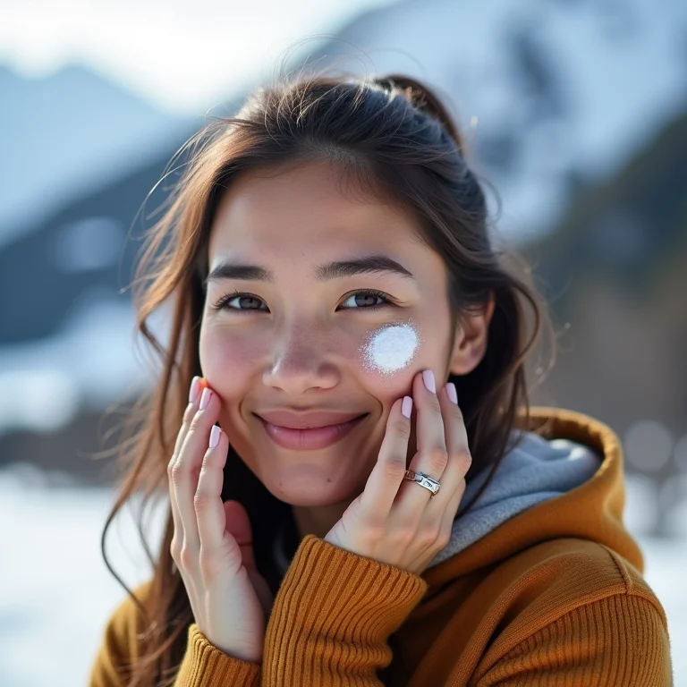 Mulher branca aplicando protetor solar na neve