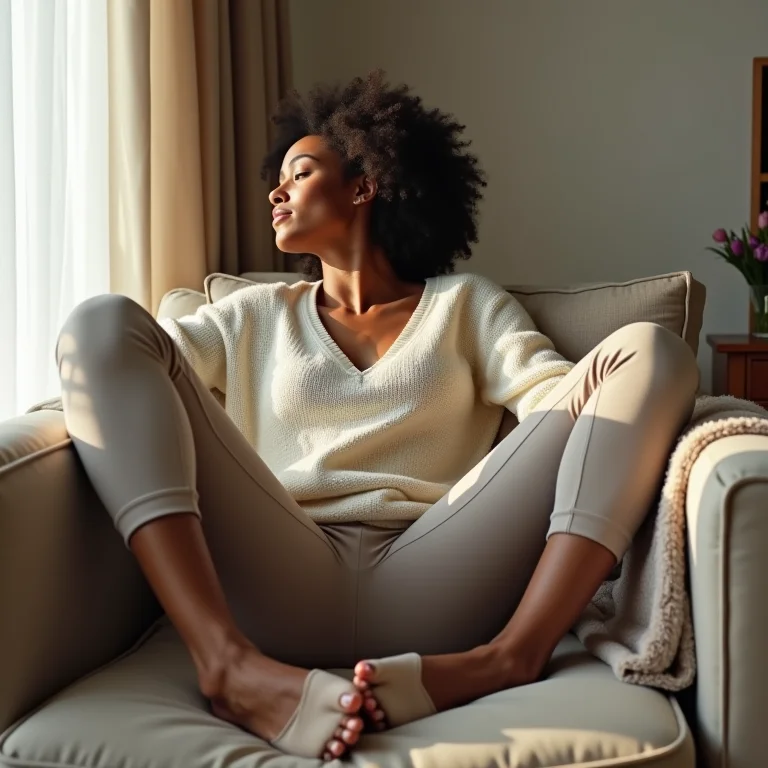 Mulher branca relaxando em casa com slingback flat.