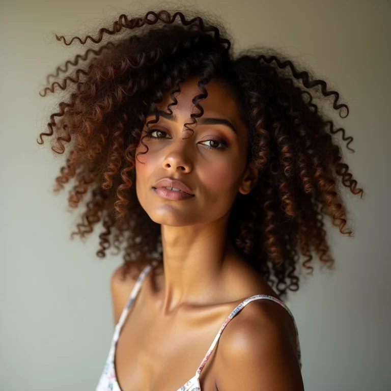 Mulher cacheada modelando o cabelo para dar volume