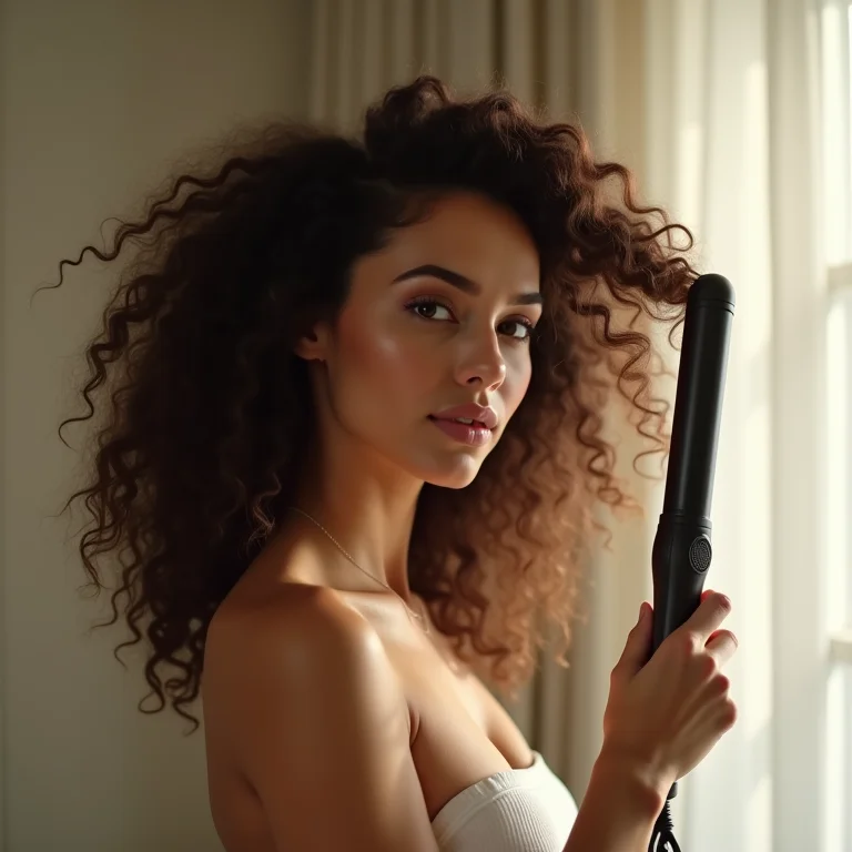 Mulher cacheada modelando os cachos com modelador.