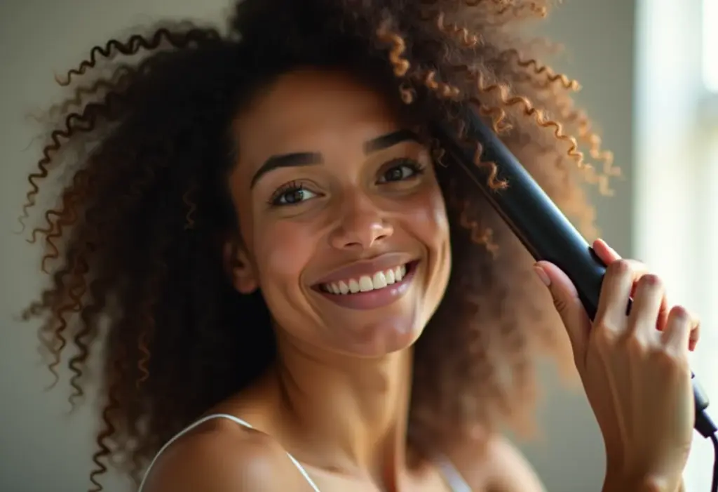 Mulher cacheada usando chapinha