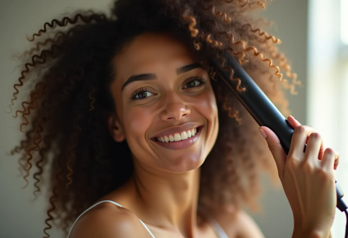 Mulher cacheada usando chapinha