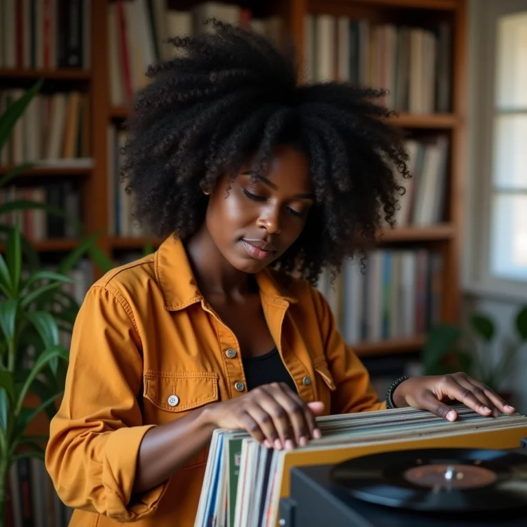 Mulher categorizando coleção de discos de vinil