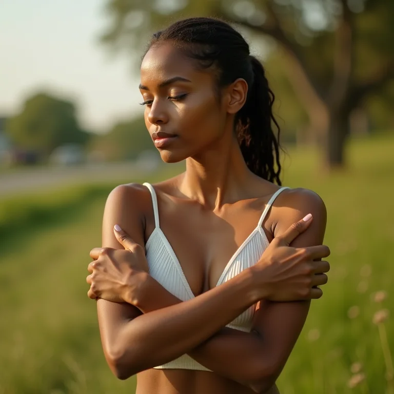 Mulher checando a axila em um ambiente natural.