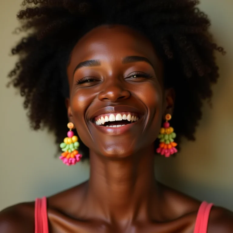 Mulher com brincos coloridos e sorriso