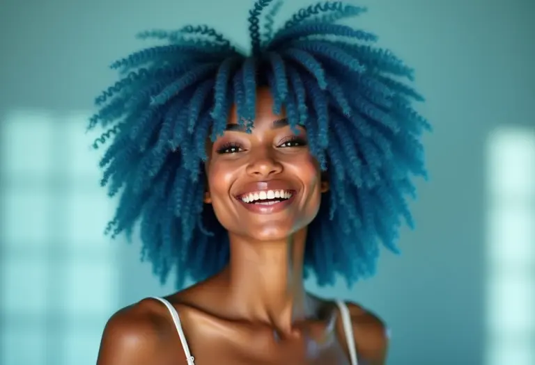 Mulher com cabelo azul fantasia vibrante sorrindo