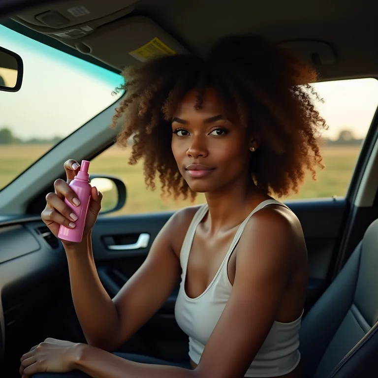 Mulher com cabelo cacheado borrifando aromatizador spray dentro de um carro