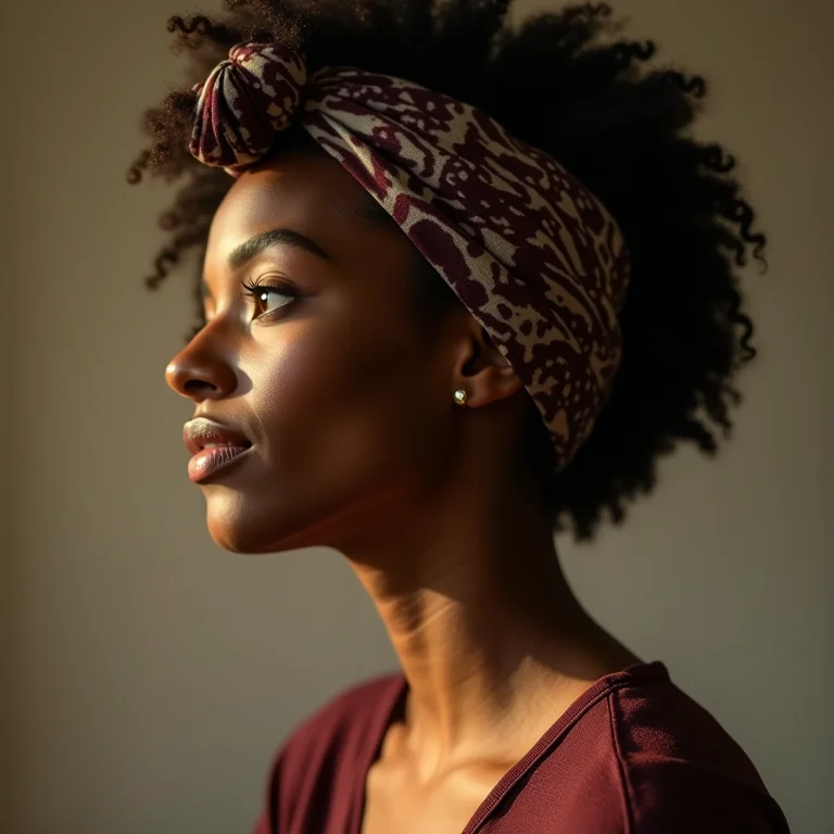 Mulher com cabelo curto e turbante estampado