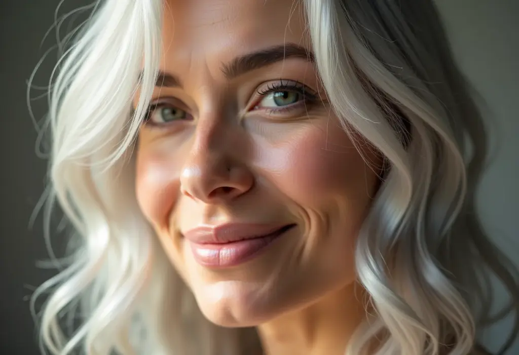 Mulher com cabelo grisalho exibindo beleza natural