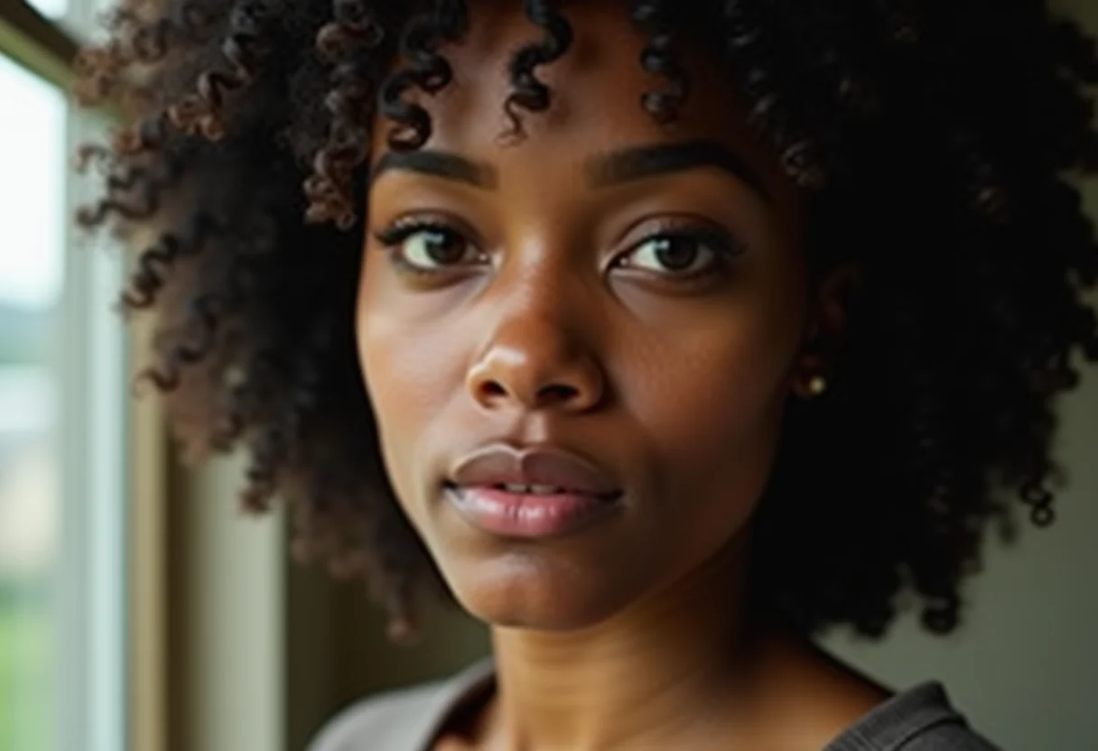 Mulher com cabelo levemente oleoso olhando para a câmera
