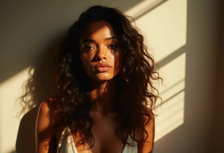 Mulher com cabelo longo e ondulado, penteado de forma natural e iluminada pela luz do sol.