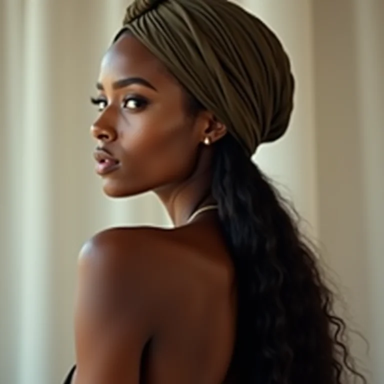 Mulher com cabelo longo e turbante com amarração elegante
